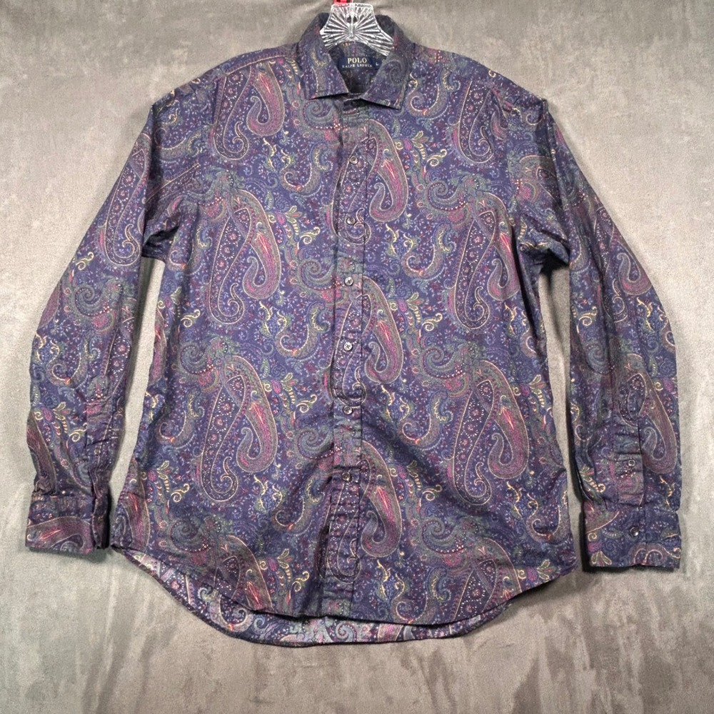 Polo Ralph Lauren Mens Large Paisley Button Up Shirt Navy Blue Long Sleeve L